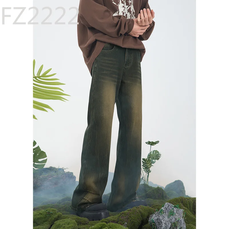 Retro washed jeans men's new micro-pull casual loose straight pants