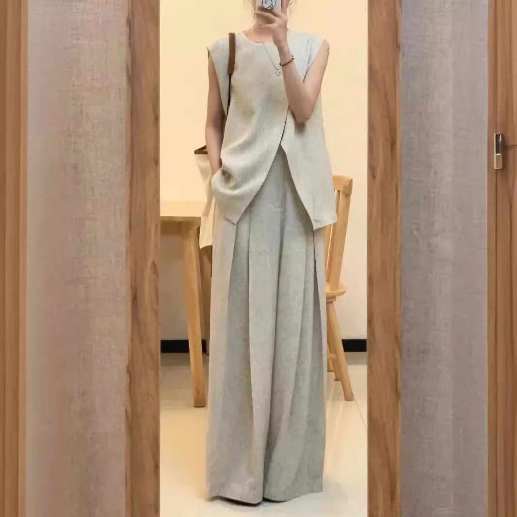 Irregular linen vest wide-leg pants suit women\'s summer high-quality temperament wear draped loose cotton and linen slim.