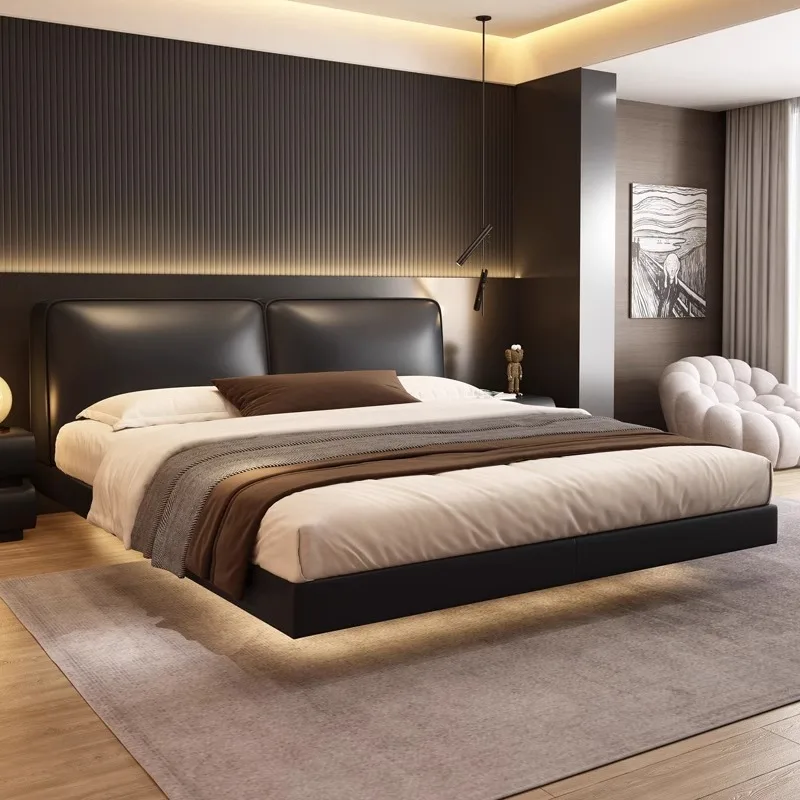 Leather bed full first layer cowhide Italian light luxury tofu block suspension master bedroom bed
