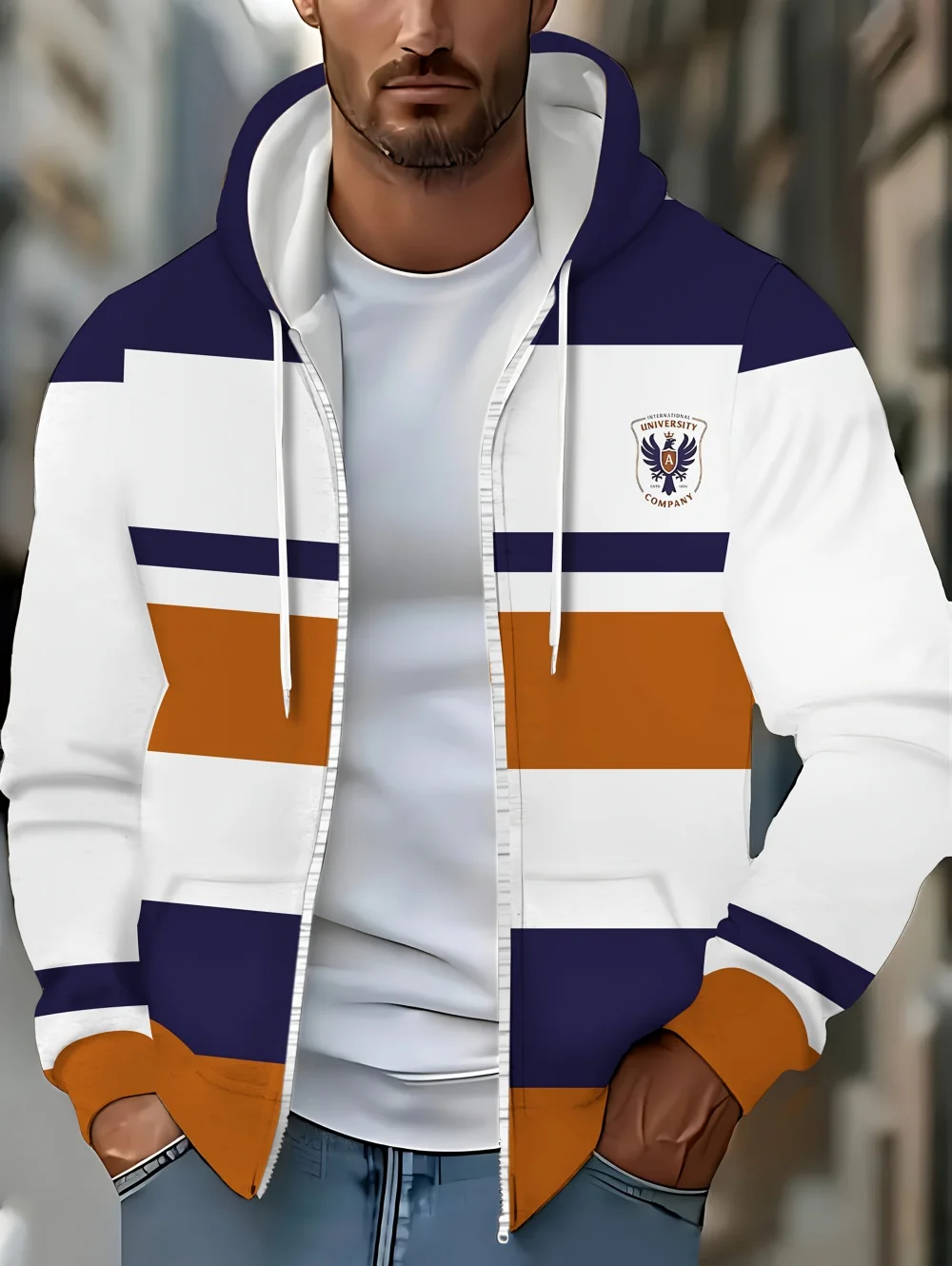 Mens Casual Striped Full Zip Hooded Sweatshirt Outdoor Wear Smooth Drawstring Hood Pockets Simple Striped Sports Man Clothing