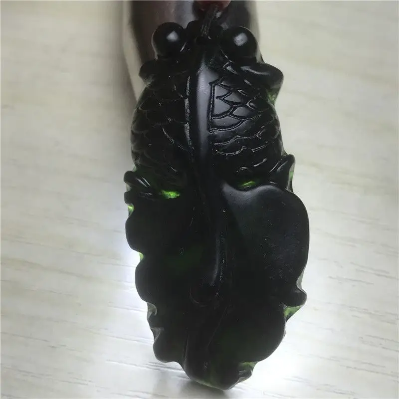 Pure Natural Medicine King Stone Goldfish Pendant Health Care Dark Jade Years with Necklace