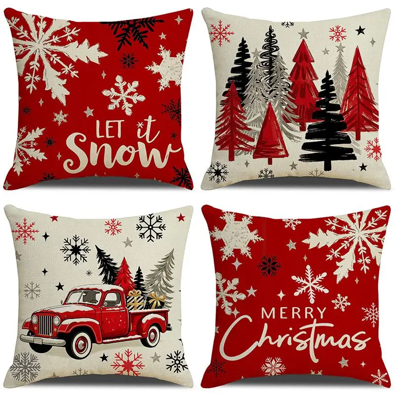VIKAMA Christmas Pillow Cover Soft & Skin‑Friendly Vintage Red Truck Gift Snowflake Cushion Case for Sofa Office Home Decor