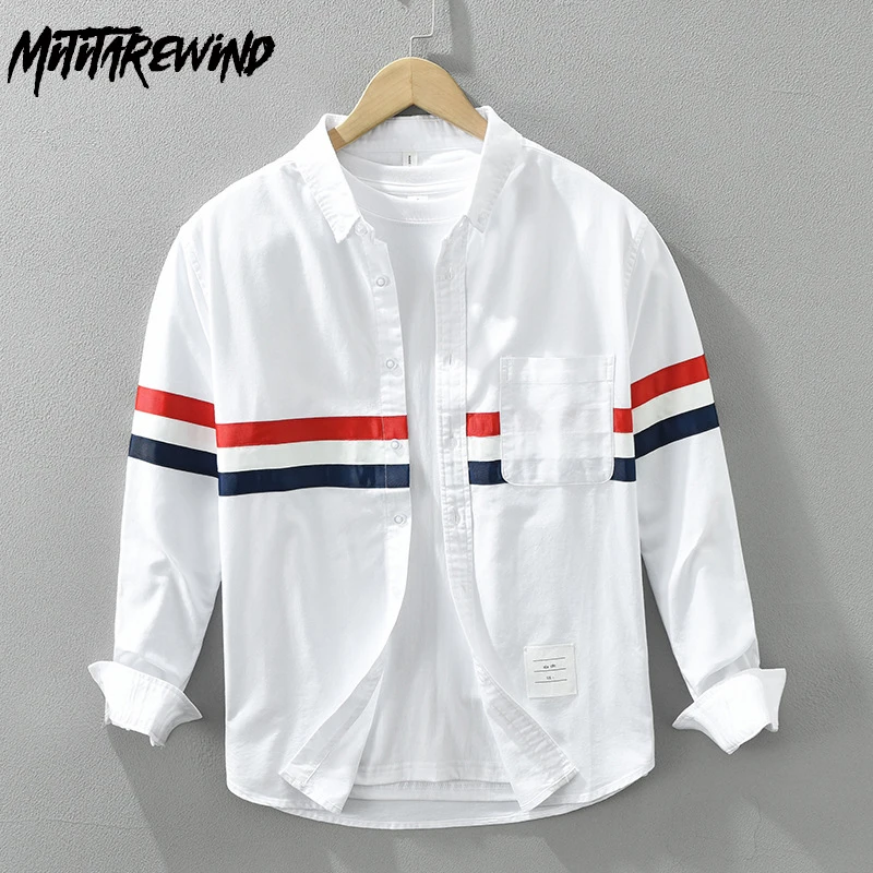 

Korean Fashion Men Shirts Spring Summer Daily Causal Loose Pure Cotton White Shirt Stripe Spliced Shirt Youth Simple Ropa Hombre