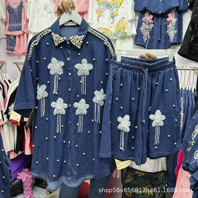 

Luxury Woman Diamonds Beaded Tassels 3D Lace Flowers Denim Shirts Pearls Fringed Jeans Blouses Cowboy Tops+Denim Shorts 2Pcs Set