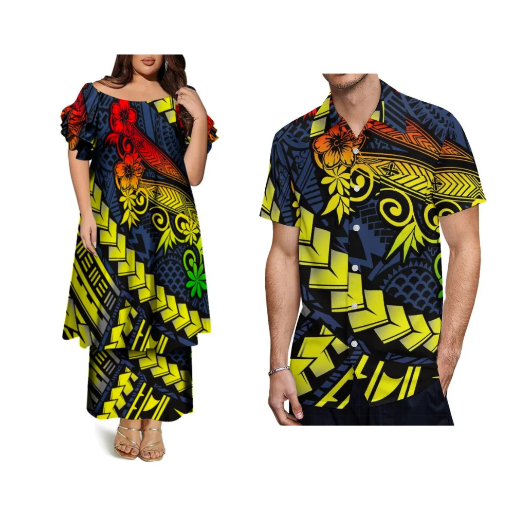 Letnie zestawy Puletasi dla par, polinezyjskie koszule codzienne, damskie koszulki z okrągłym dekoltem, spódnice dwuwarstwowe z rękawami motylkowymi.