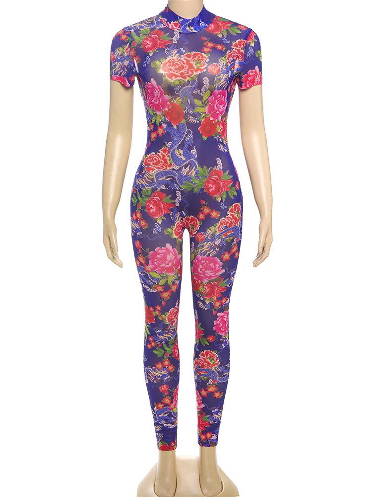 Macheda Sexy Backless Jumpsuits Women Flower Print Fashion Turtleneck Short Sleeve Skinny Peach Hip Midnight Club Party Overalls