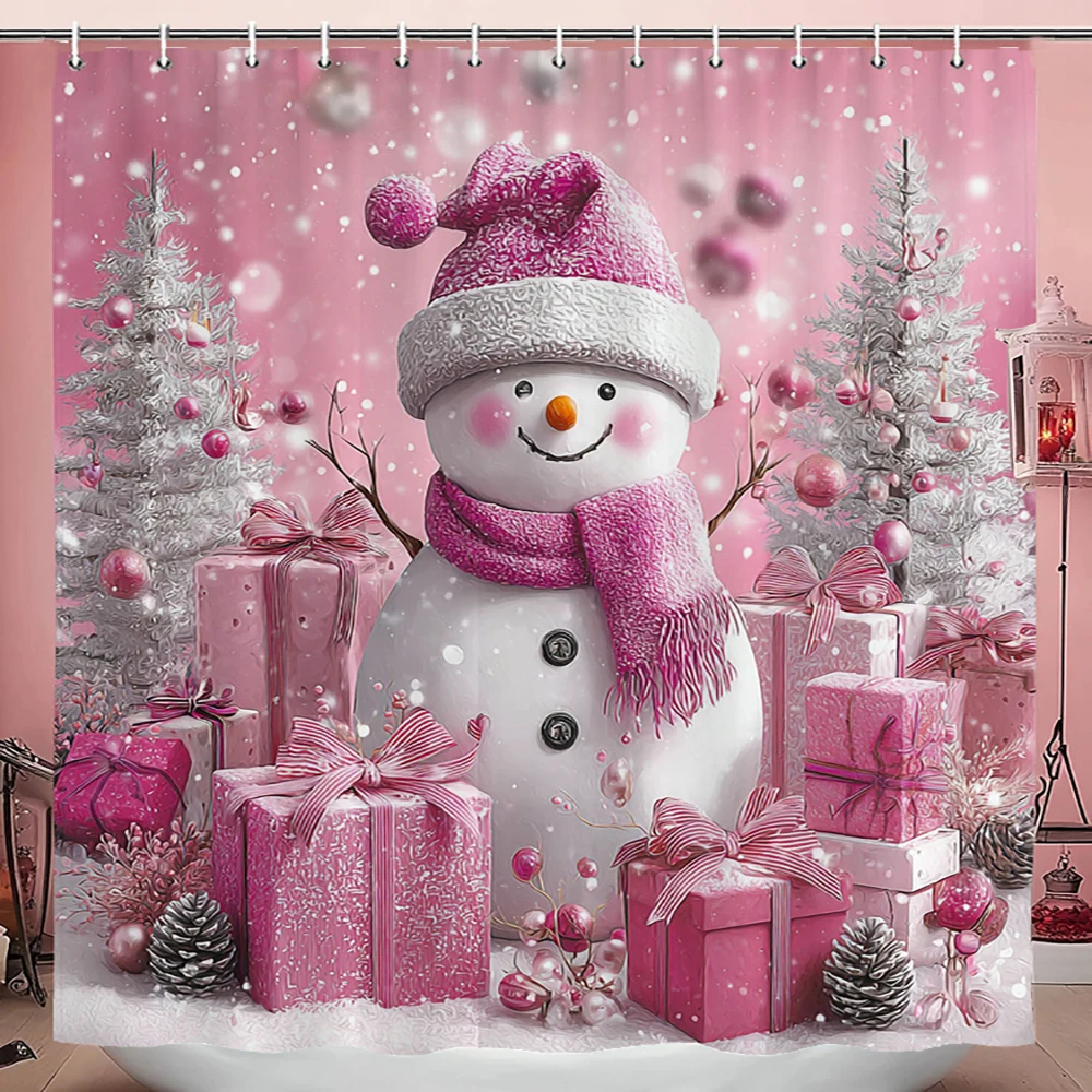 

Розовая мультяшная занавеска для душа с изображением снеговика, занавеска для ванной комнаты, рождественская занавеска с принтом для домашнего праздничного декора