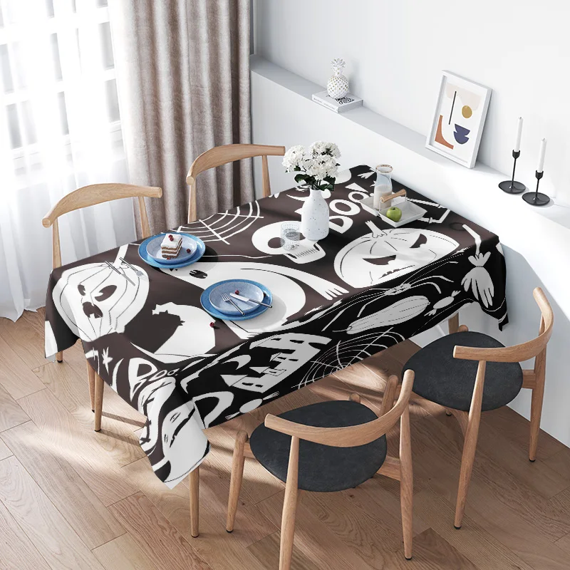 Black White Halloween Print Tablecloth for Kitchen Dining Room Decoration with Spoon Plates Glasses Set 128x70cm