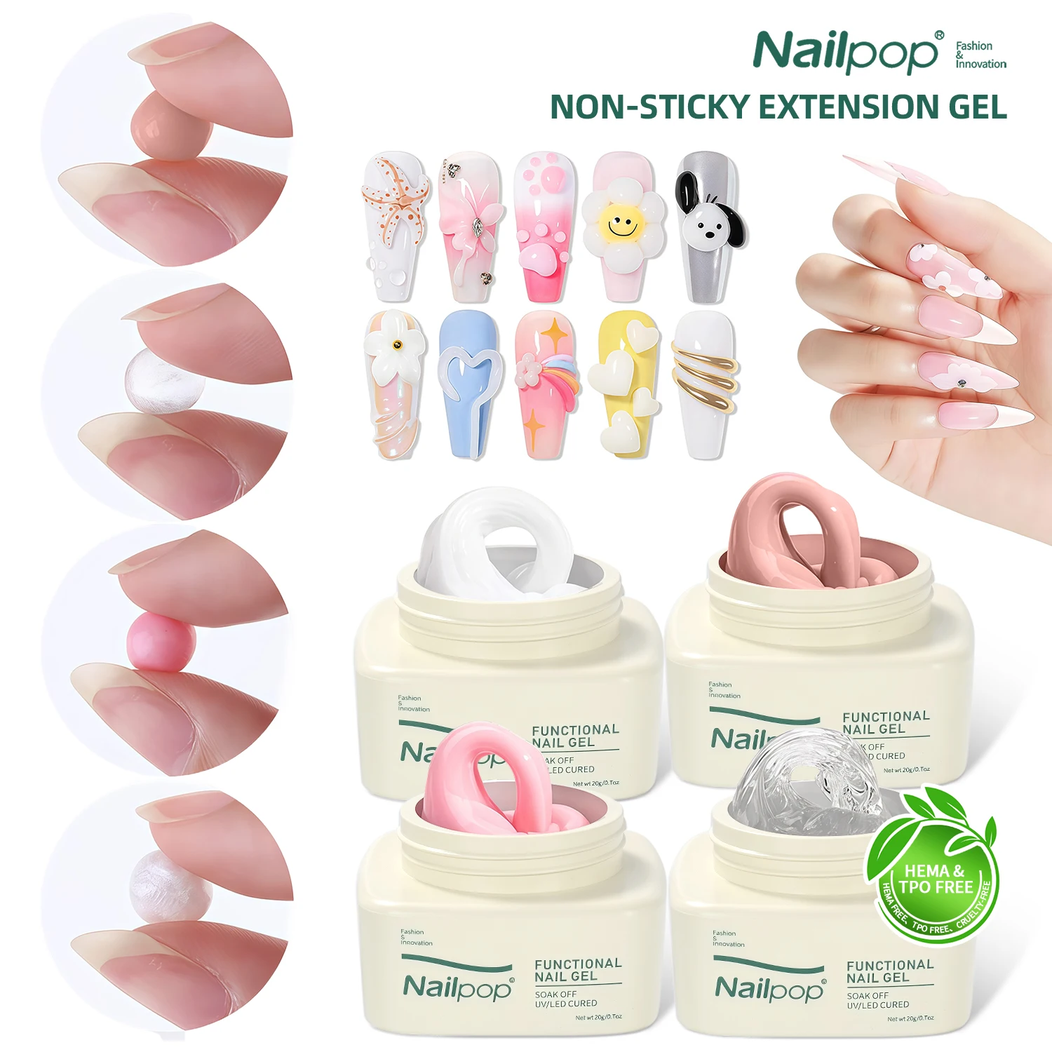 ネイルポップ HEMA/TPOフリー ノンスティッキー エクステンションジェル UV/LED硬化 DIYネイルアート接着剤 ラインストーンやパターン用 安全で耐久性のある 20g