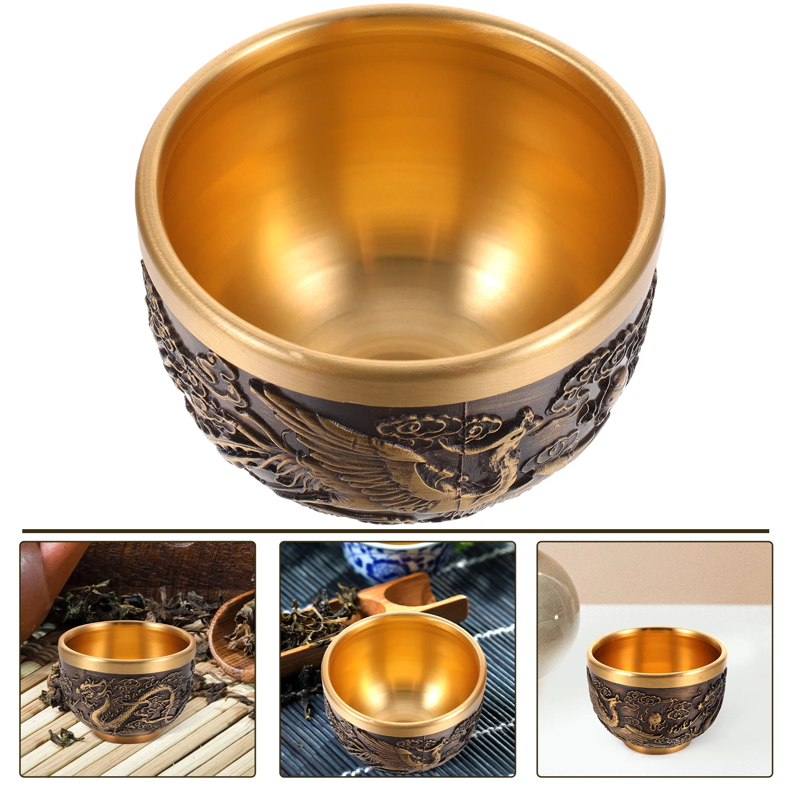 

1pcs Dragon Chinese Style Copper Tea Cup Vintage Embossed Metal Teacup For Home Office Decor Kungfu Teaware Kitchen