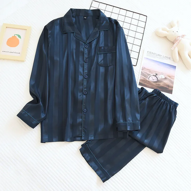 New Couple Pajamas Suit Ice Silk Two-piece Sleepwear Long-Sleeved Trousers Women Home Service Set Thin Striped Suit Men Women