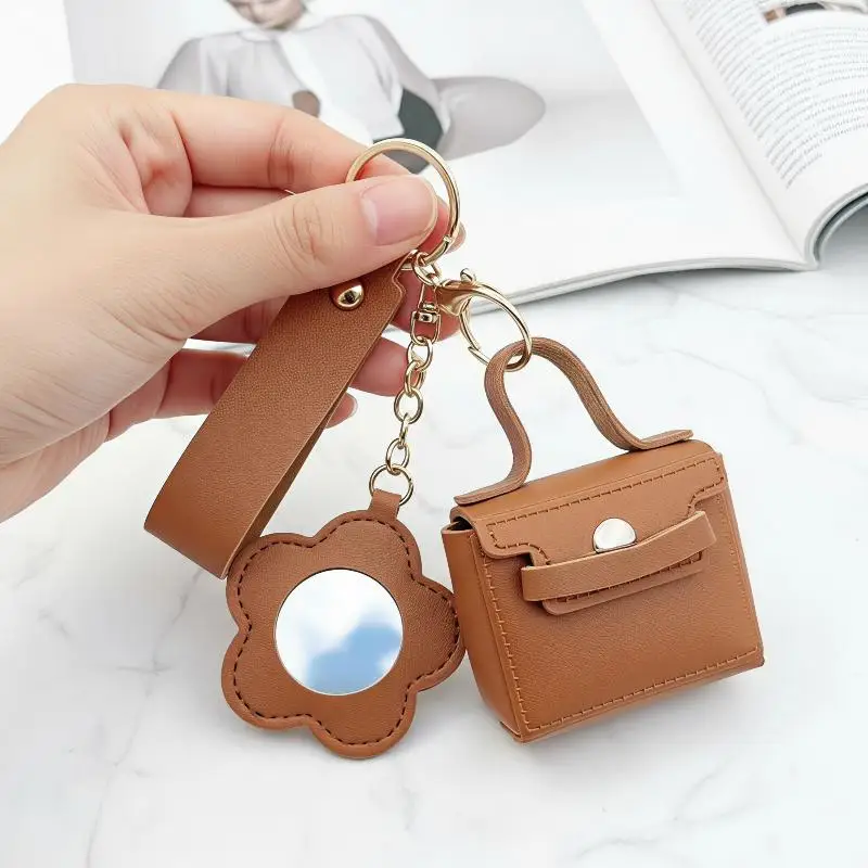 Trendy Mini PU Leather Keychain Bag With Flower Shaped Mirror Wrist Strap Ideal Bag Charms Daily Gifts For Women