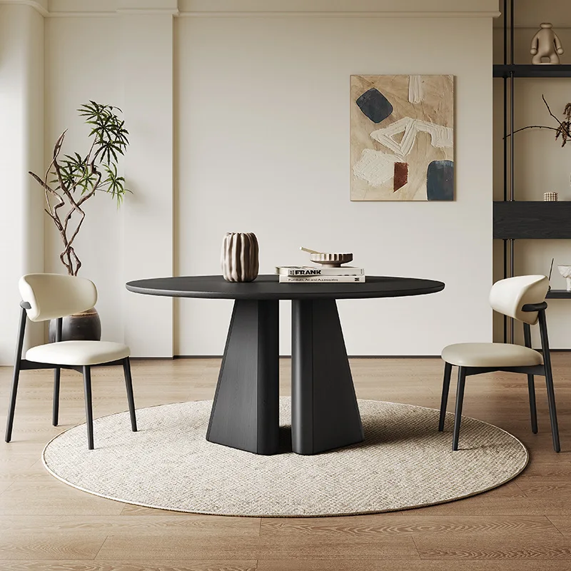 Italian black solid wood dining table and chairs round 1.5 meters household 10 people retro style all solid wood rock slab round
