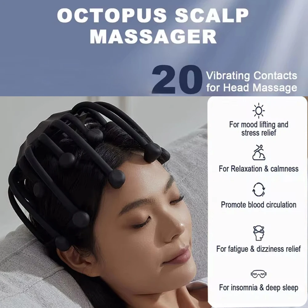NEW Electric Head Massager Octopus Massager 20 Contracts 5 Modes Scalp Massager 2 Extra Long Contract Red Light Therapy Device