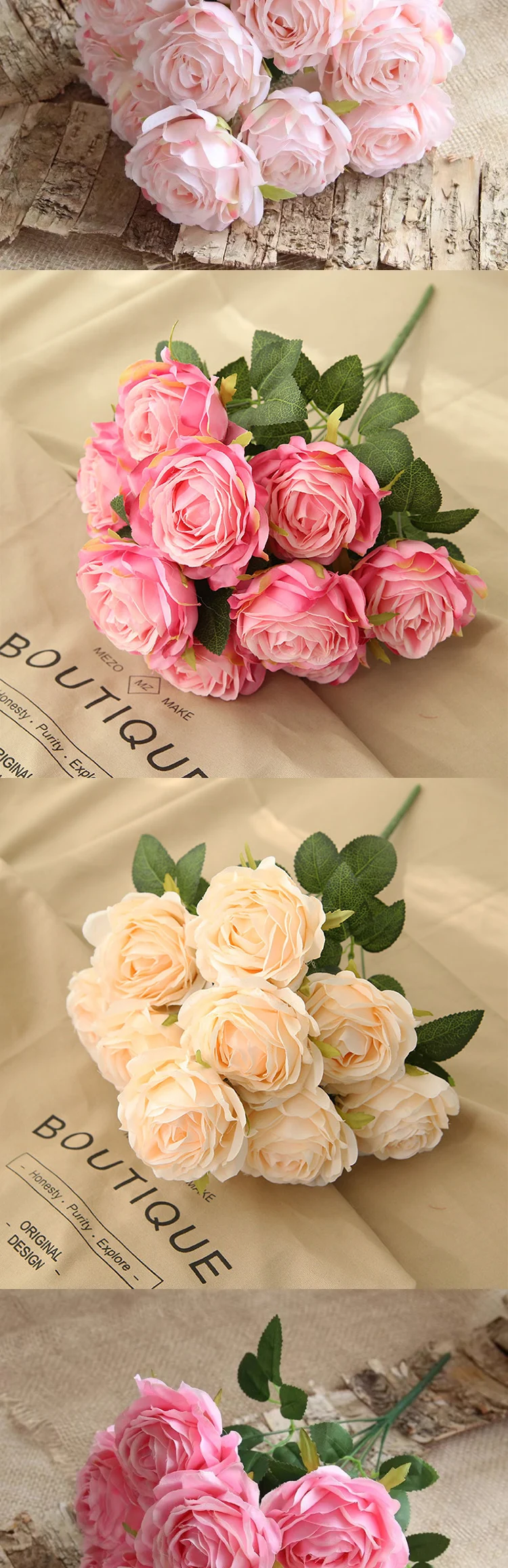 10 Rosenköpfe im europäischen Stil, künstliche Pfingstrosen, Brautstrauß, retro-romantische Hochzeitsdekoration, Wohnzimmer, Heimdekoration, Event-Layout – Detail 3