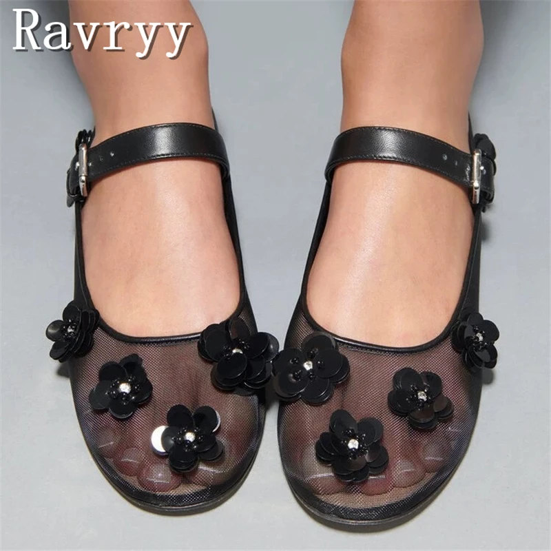 Women Elegant Black Mesh Mary Jane Shoes Handmade Sequined Flower Rhinestone Decor Soft Comfort Sole Casual Daily Dress Flats