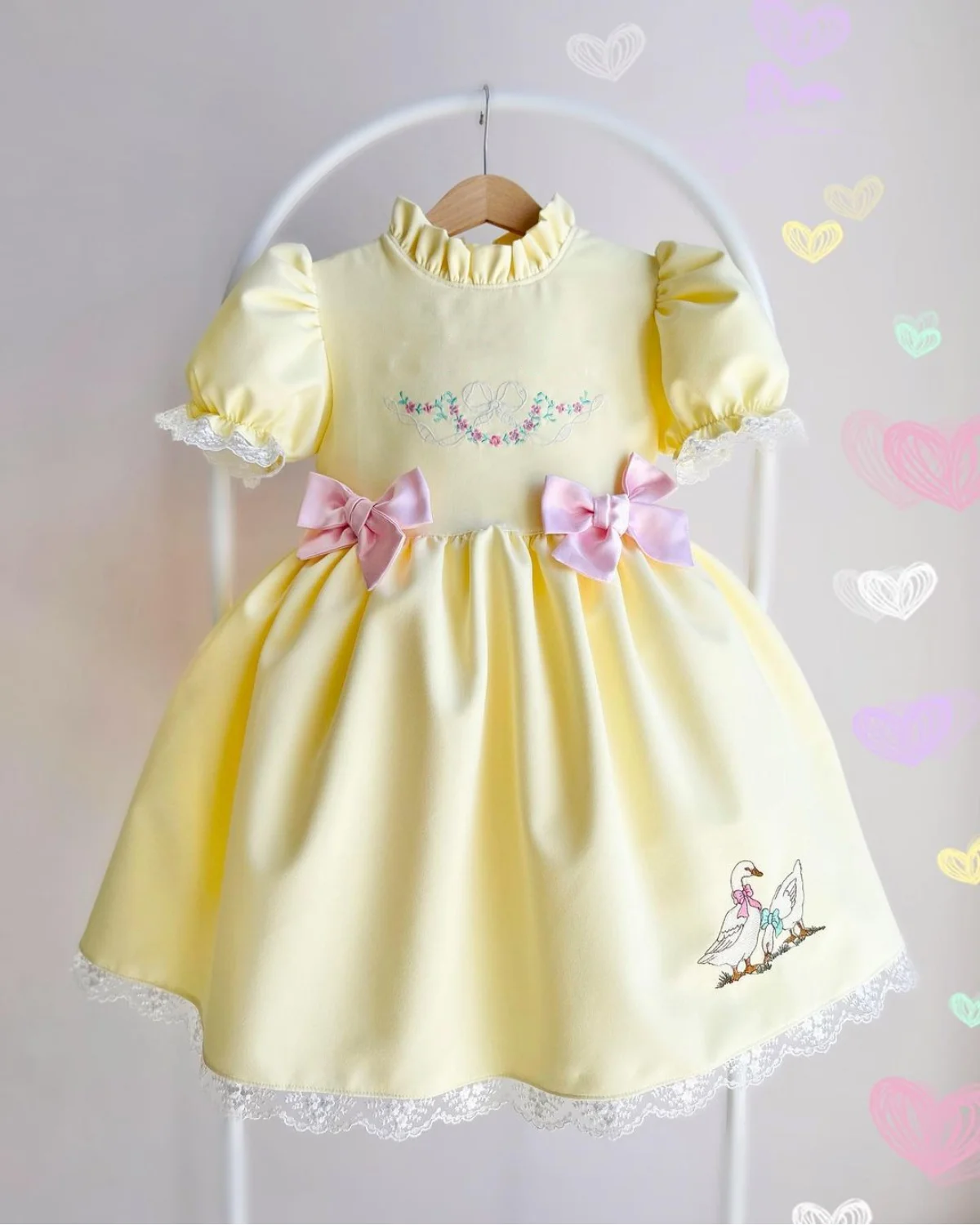 0-12Y Baby Girl Summer Duck Embroidery Turkish Vintage Lolita Princess Ball Gown Yellow Dress for Birthday Eid B174