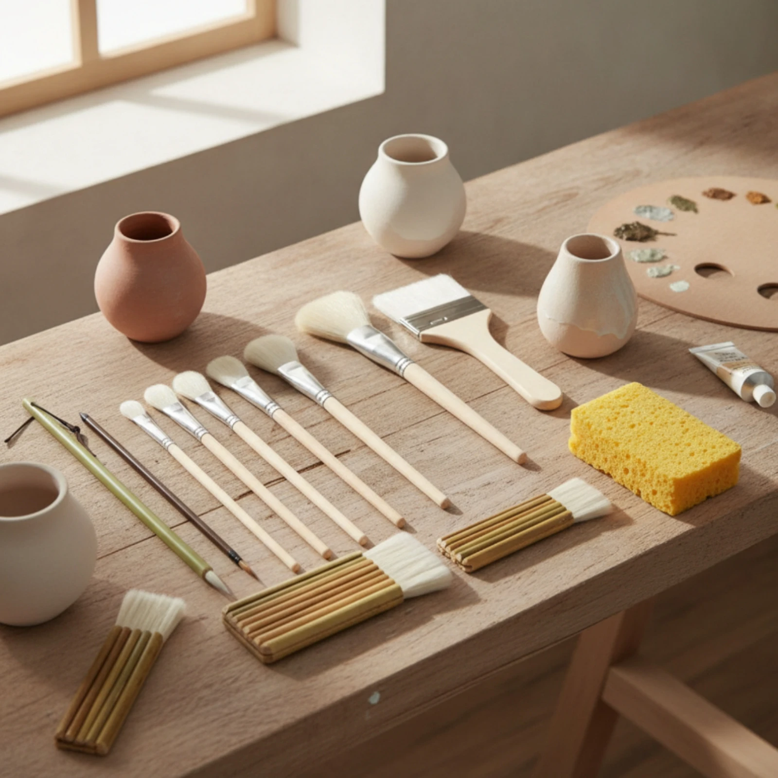 12 Pieces Craft Brush Kit with Sponge Multi-Purpose Ceramic Glaze Brush Pottery Glazing Brushes Long-Handled Different Shapes