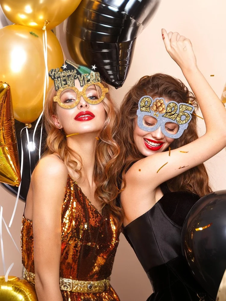 Kacamata Emas Hitam Tahun Baru 2026 Dekorasi Pesta Malam Tahun Baru Bingkai Hadiah Natal