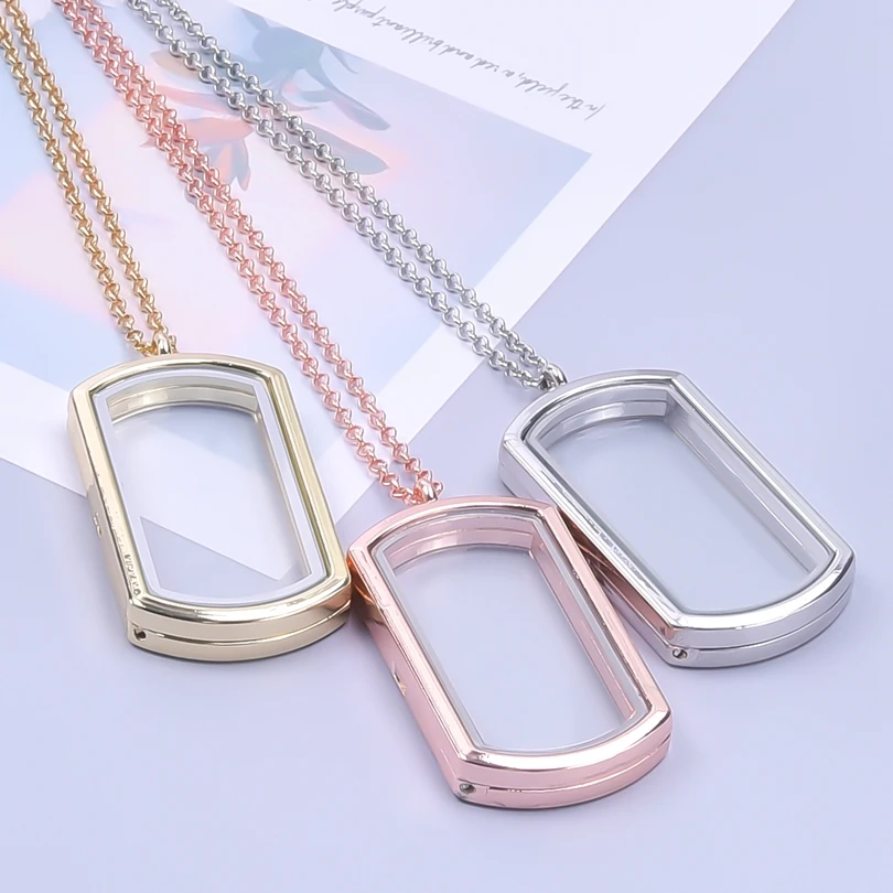 Geometry Rectangle Pendant Glass Lockets Necklaces For Women Men Accessories Chain Around Neck Metal Alloy Floating Lockets Gift