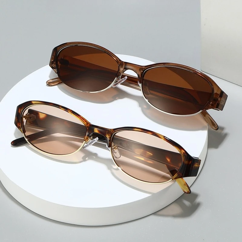2026 New Small-Frame Oval Sunglasses Unique Metal Half-Frame Fashionable Women's Stylish Eyewear Shades UV400 Men Goggles