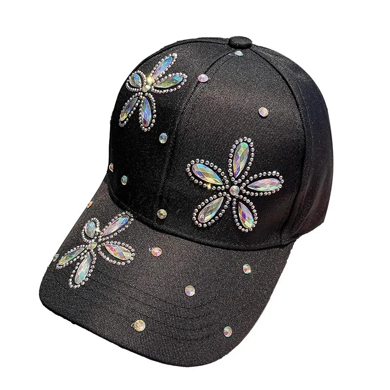 Flor Rhinestone Boné de beisebol, sol-sombreamento, outdoor outing, pato língua, rua, Hip-Hop, ajustável rebote cap, moda