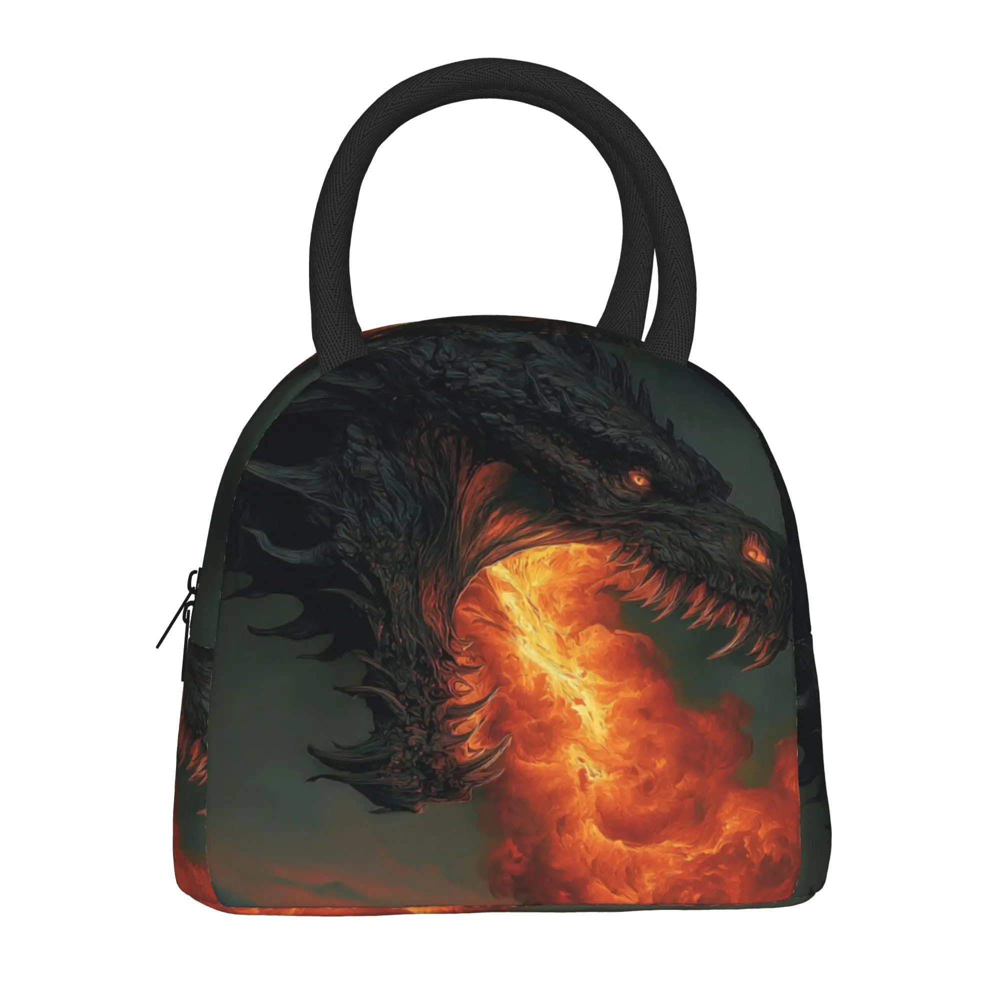 Back to school season  Lunch Bag Black Dragon Breathing Fire Art Zipper Closure Cool Daily Food Organizer Lunch Bag