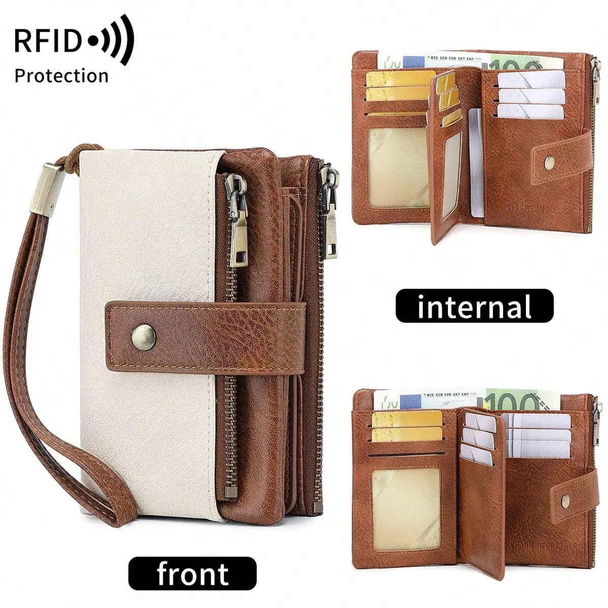 Women's Minimalist RFID Anti-Theft Trifold Wallet, Large Capacity Clutch With Detachable Wrist Strap, Multi-Card Slot Zipper Anti-Theft Card Holder, Suitable For Women's Business Casual, Birthday, Teacher's Day, Anniversary, Valentine's Day Gift
