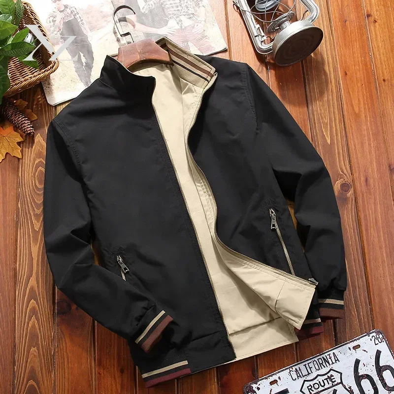 Men Reversible Bomber Jacket Spring Autumn Stand Collar Striped Cuff Zipper Pocket Wind Resistant Business Casual Coat