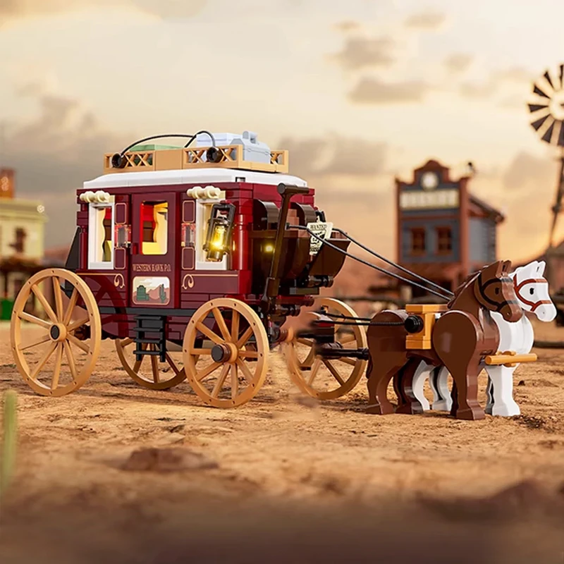 293 db-os MOC Western Stagecoach építőelemek LED-es kocsi figurás modelltéglákkal DIY összeszerelő játékok fiúknak karácsonyi ajándék