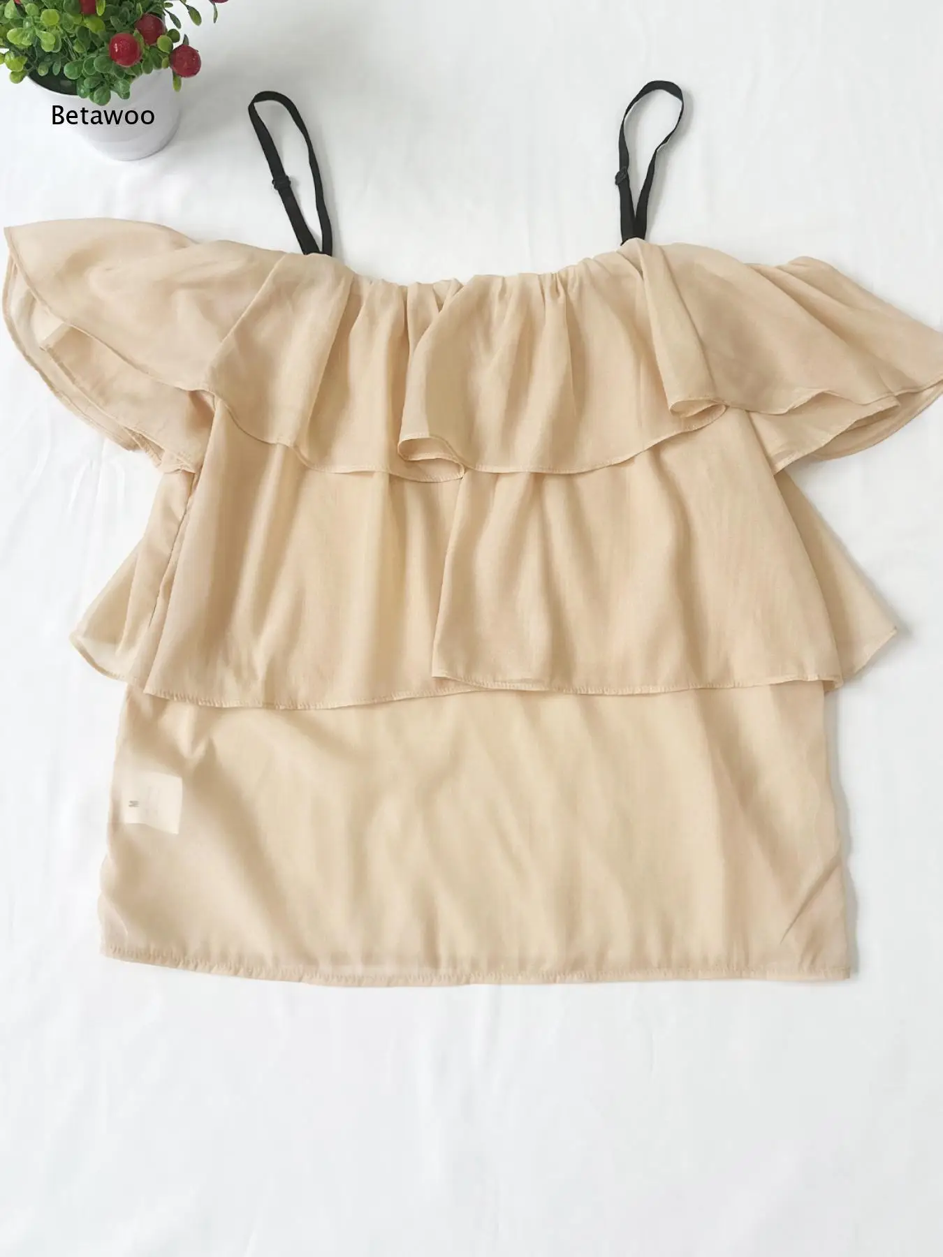 Beige Double Layer Ruffle Off Shoulder Cami Top Ladies Adjustable Spaghetti Strap Lightweight Chiffon Daily Blouse