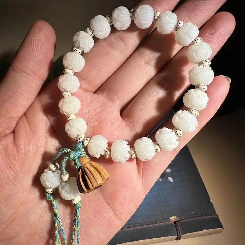 Lotus Bead White Jade Bodhi Seed Buddhist for Women, Handheld Prayer Beads, Peace and Good Luck Bracelet, Star an