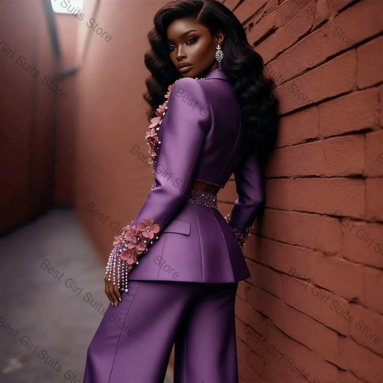 Purple Women Suit Set 2 Piece Short Blazer+Pants Trousers 3D Flower Beaded Formal Office Lady Jacket Customized Wedding Coat view 3