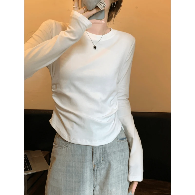 Cseta fena amarela de manga crida com gola redonda, psada, ajustada, estilo casual para o outono, com um toque d...