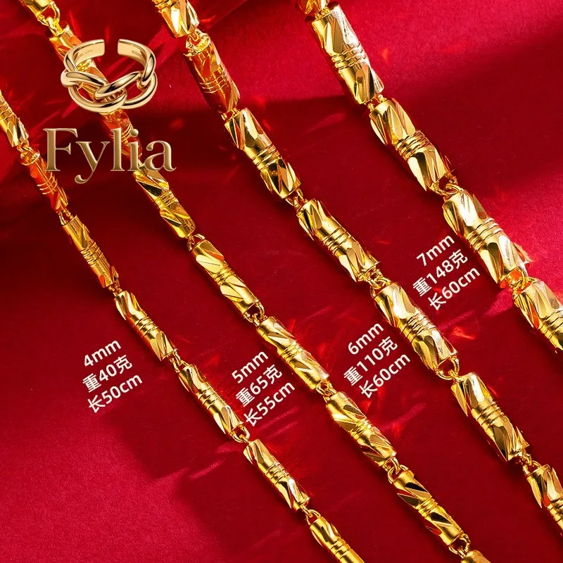 Fylia Jewelry  24K gold cylindrical double bamboo necklace 9999 real gold men's and women's solid color bamboo knot gold jewelry