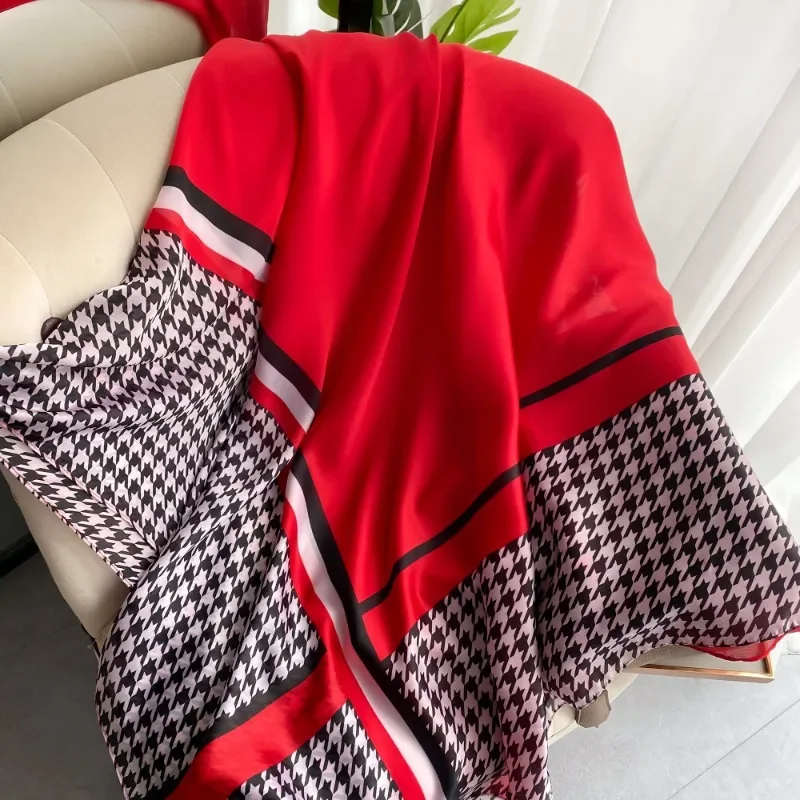 180*90cm Luxury Brand Spring Summer Autumn Women Clothing New Fashion Houndstooth Printed Silk Scarf Lady Popular Turba
