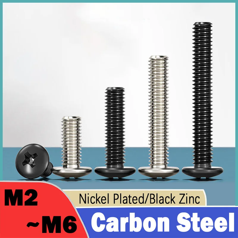 M2 M2.5 M3 M4 M5 M6 Nickel Plated/Black Zinc Large Flat Round Head Screw Phillips Umbrella Head Bolt Carbon Steel
