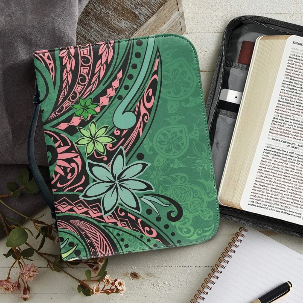 

Polynesian Frangipani Pattern Print Handbags for Women Zippered Handle Bible Carrying Case Practical Bible Storage Bags Custom