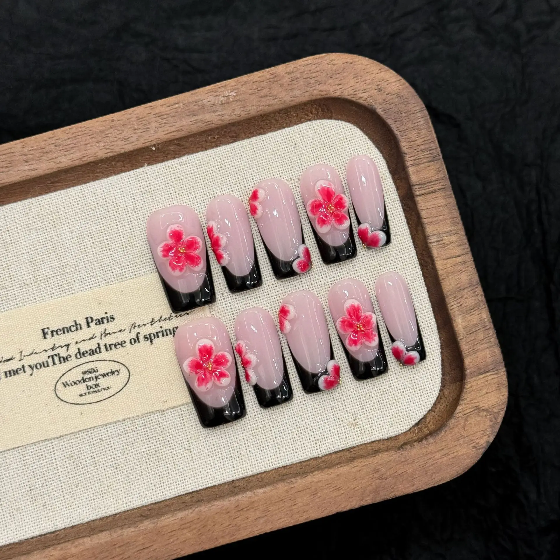 10pcs Handmade Long Square Y2K Press On Nails Black French 3D Carving Red Flower Design Dark Cool Wearable Nails Art Spice Girls