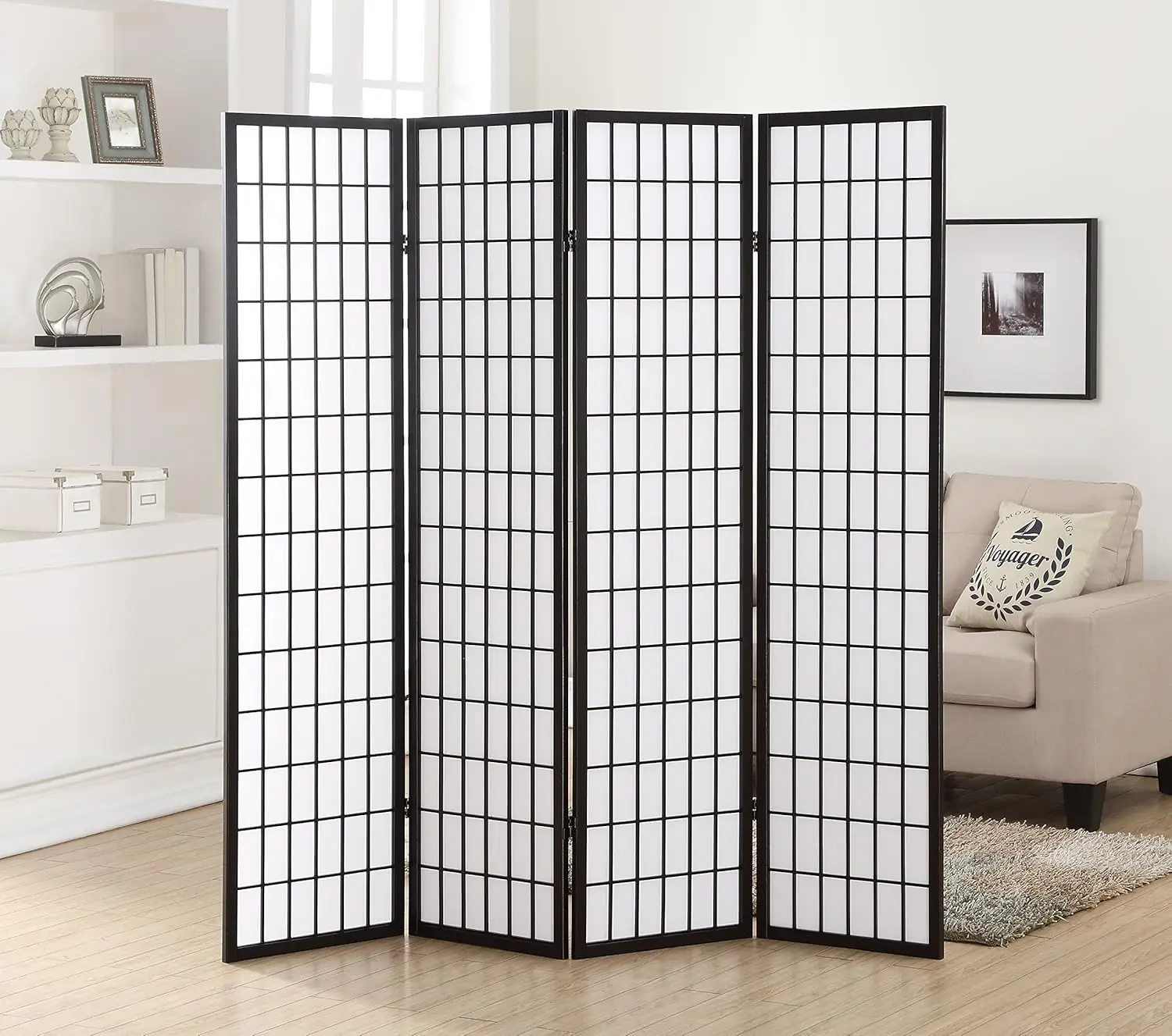 Oriental Shoji 4 Panel Screen Room Divider, Black