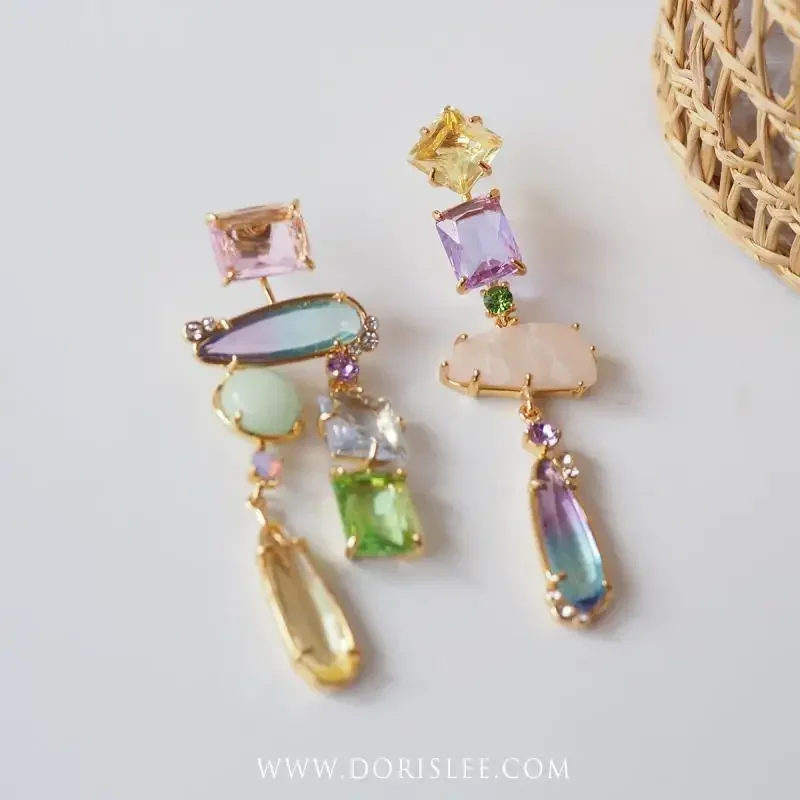 2026 Asymmetric Rainbow Water Diamond European and American Earrings for Women, High Grade Earclip, No Ear Hole