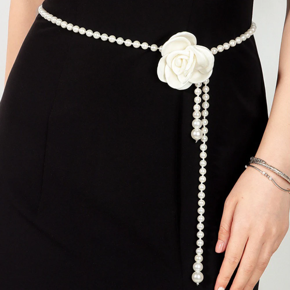 

Pearl Waist Chain Flower Decor All-match Lady Skirt Dress Sweater Waistbands Rhinestone Pearl BohemianThin Slim Waist Belt