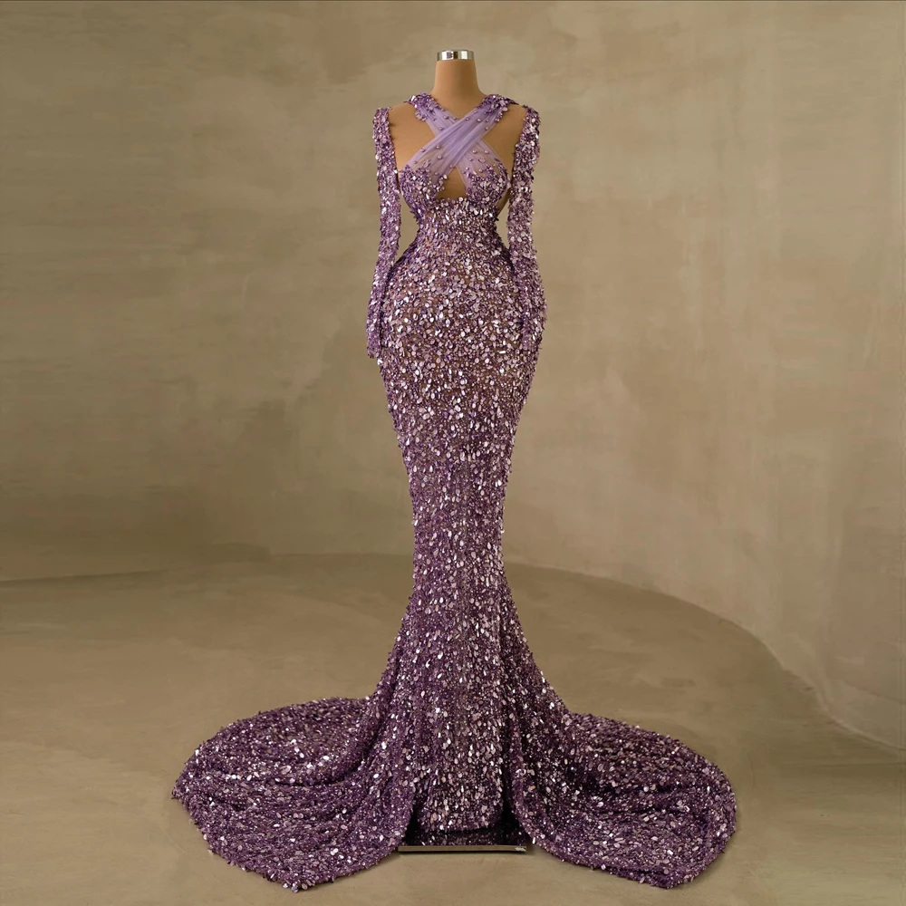 

Luxury Sequined Crystal Evening Dresses Glitter Beading Mermaid Prom Gowns Floor Length Lace Full Sleeves Pageant Dress