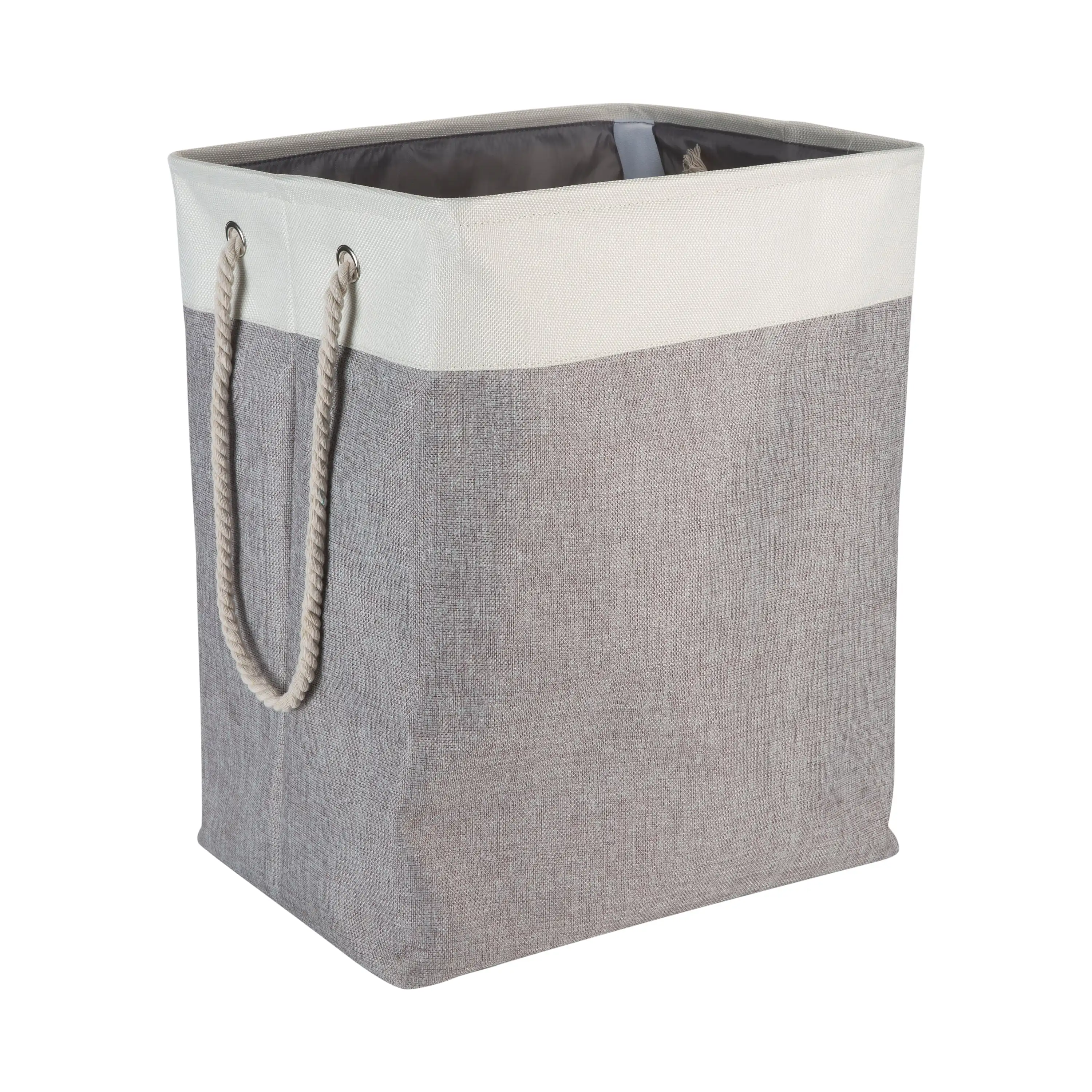 

Collapsible Large Polyester Laundry Hamper with Rope Handles, Gray and Beige