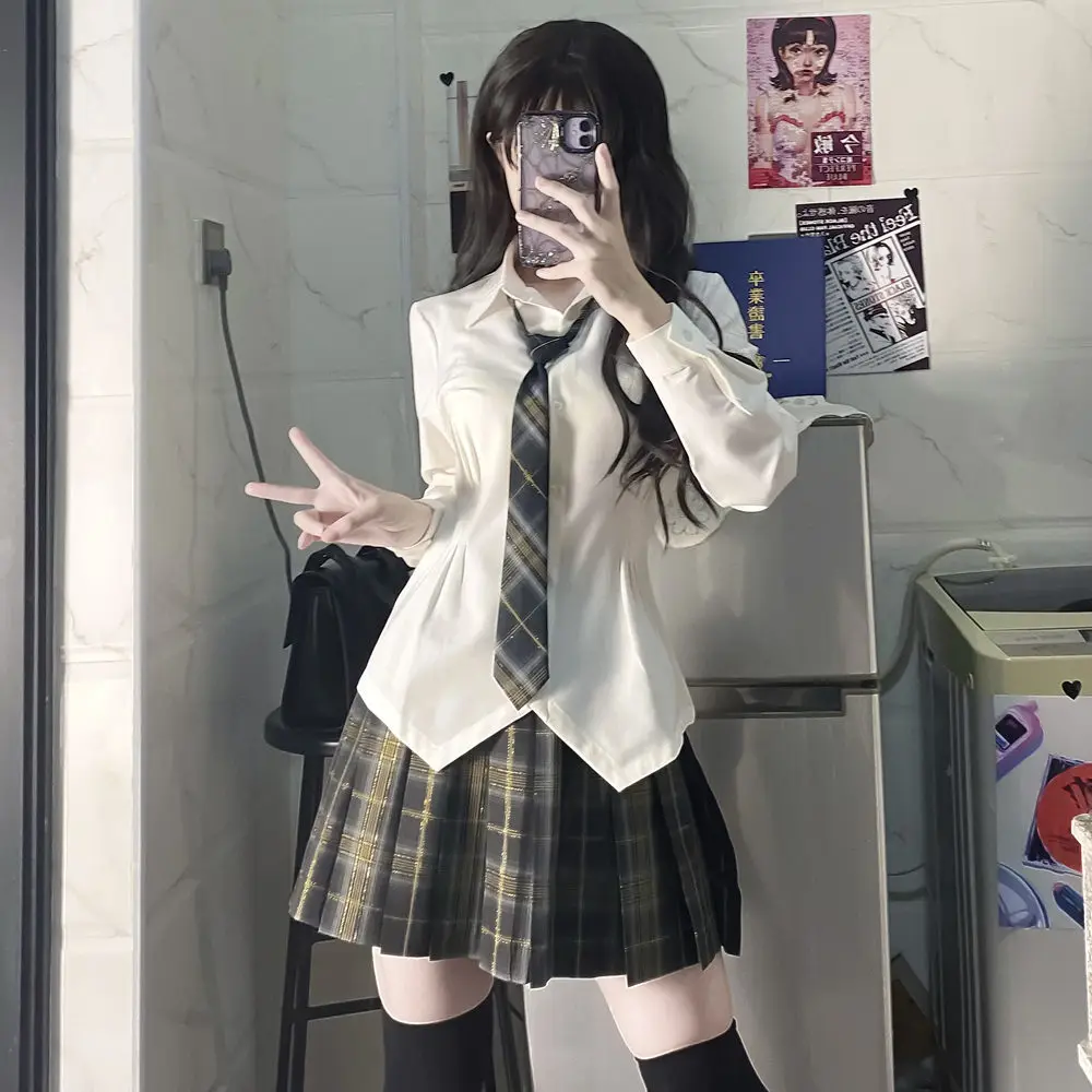 الأصلي اليابانية الخصر التخسيس مرونة طويلة الأكمام JK قميص الإناث الرغبة النقية فتاة ساخنة ضئيلة قميص أبيض أعلى تنورة منقوشة