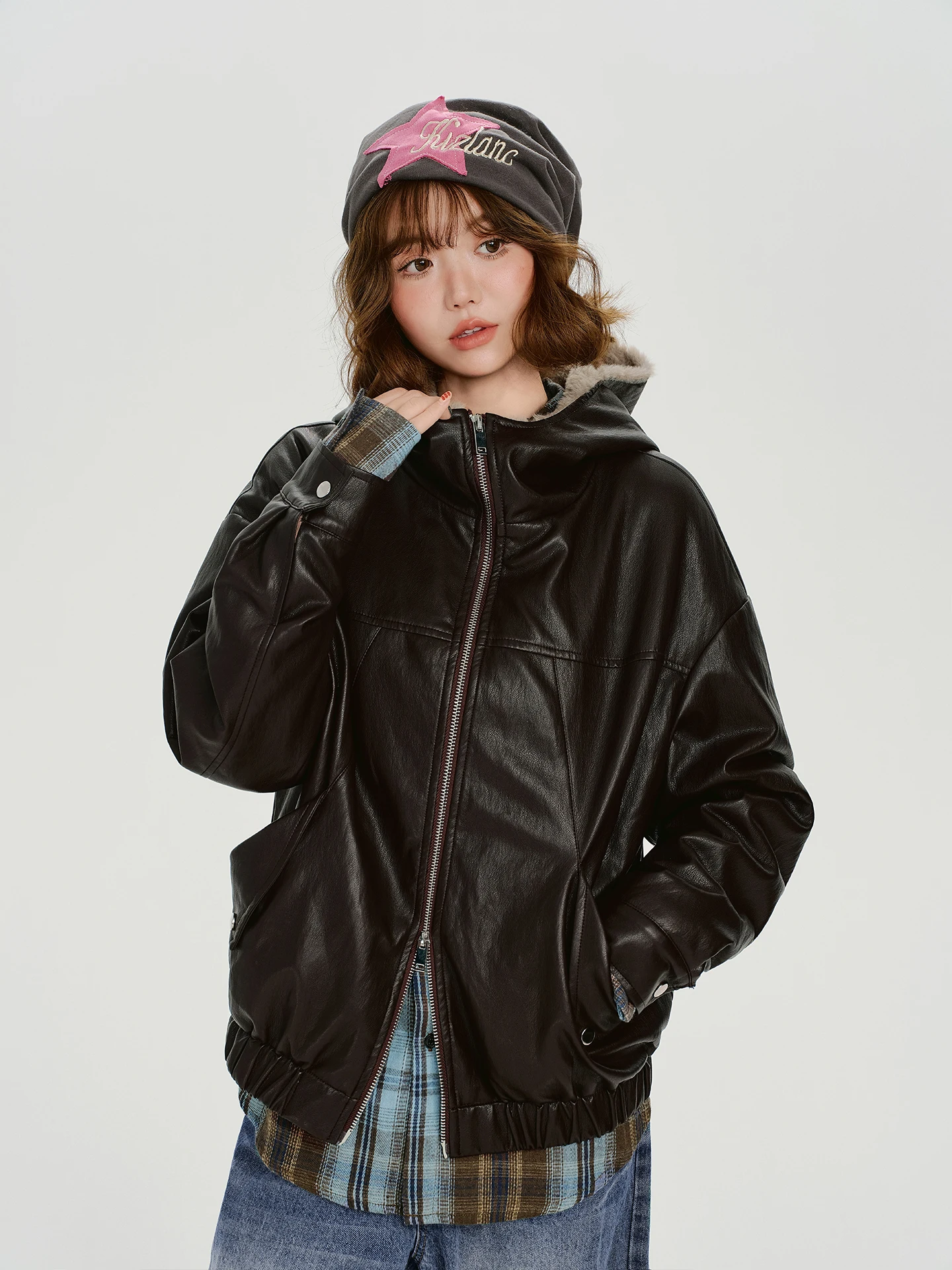 

Warm Fce Lined American Sle Vintage Women's Leather Jaet Coat Loose Fit Streetwear Zipper Hooded Long Sve Top