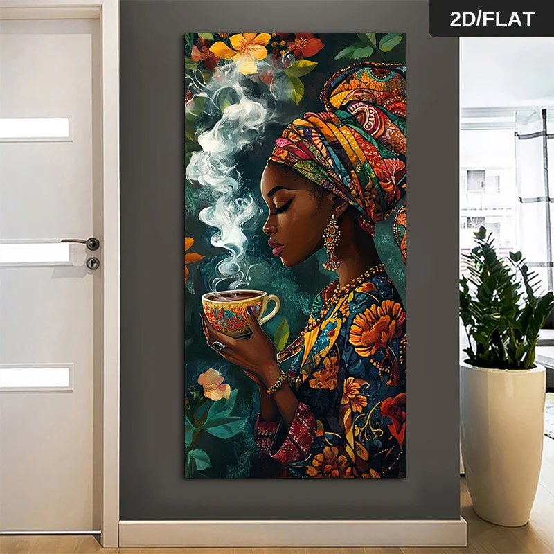

2D Flat African Woman Savoring Hot Tea Canvas Wall Art - Frameless Abstract Canvas Print for Decorating Living Rooms and Bedroom