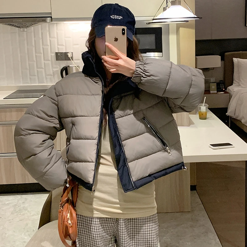 

American Reversible Short Winter Outerwear Women Popular Contrast Color Zipper Cotton-Padded Jacket Puffy Warm Cropped Parkas