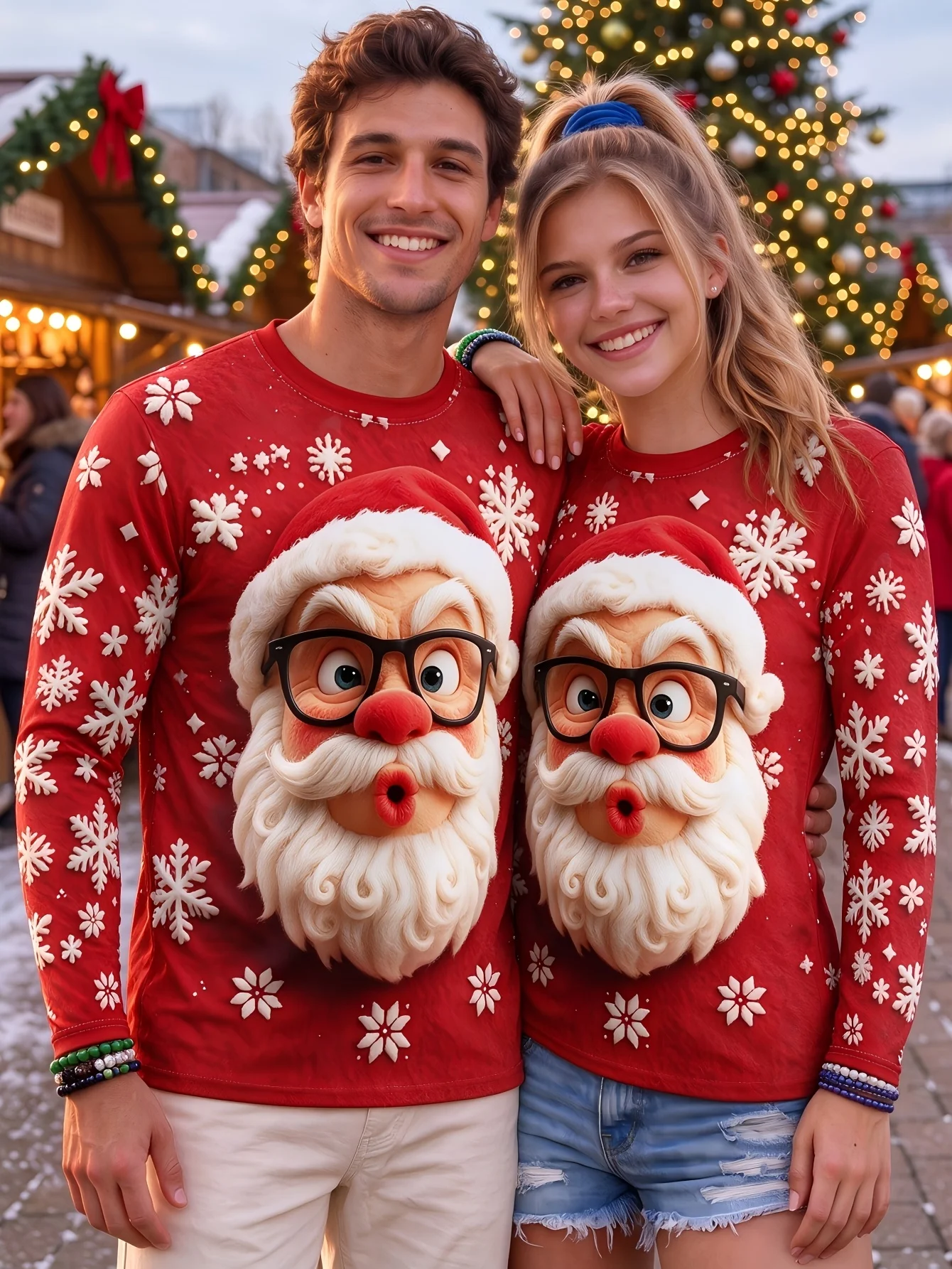 Unisex Couple Long Sleeve Ugly Christmas Tshirt Classic 3D Print Red Round Neck Santa Snowflake Holiday Casual Tops Men Clothing