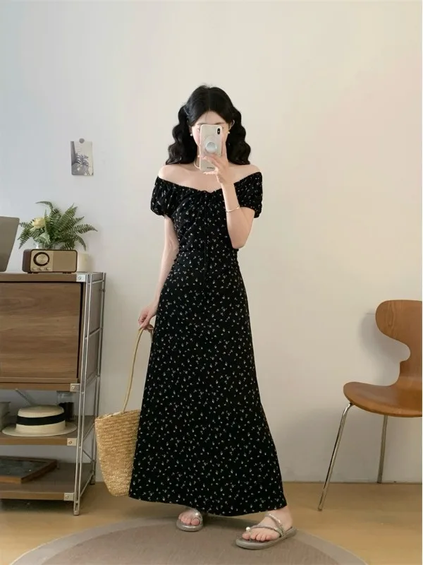 

plus Size Floral Print Maxi Dress Hepburn Style Summer New High Waist Slimming Knee-Length Black Dress Korean Style A-Line Skirt